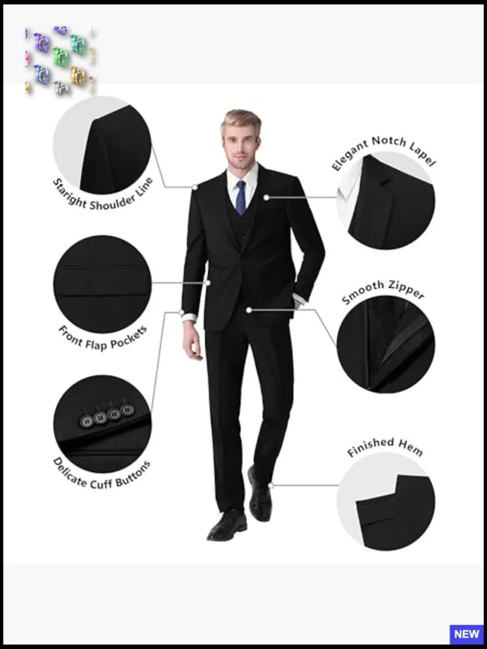 Slim Fit Three Piece Suit Classic Elegant Tuxedo Set Jacket Vest Pants Tie